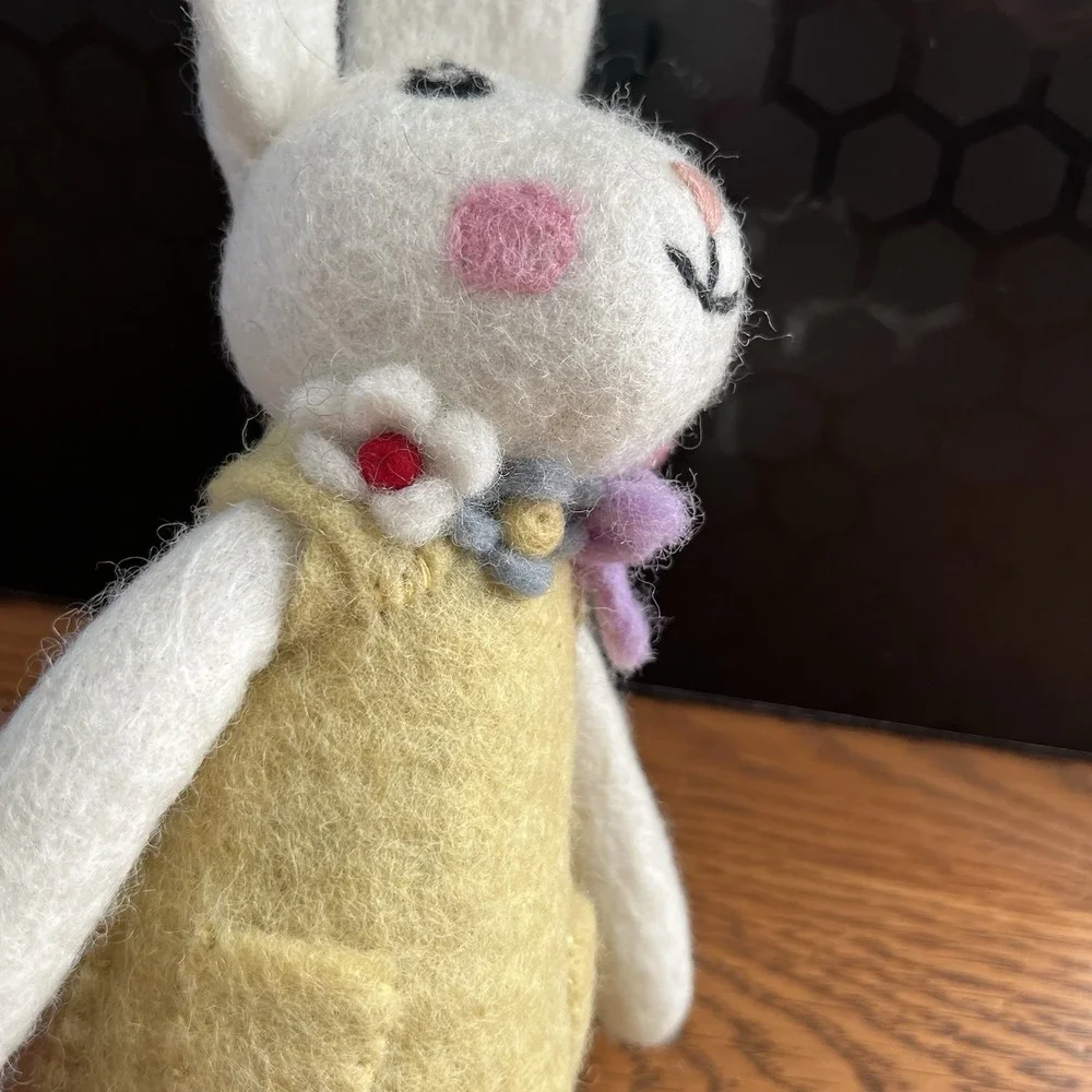 Artist Handmade Needle Felted Bunny Rabbit Girl Yellow Dress Flowers Easter Gift